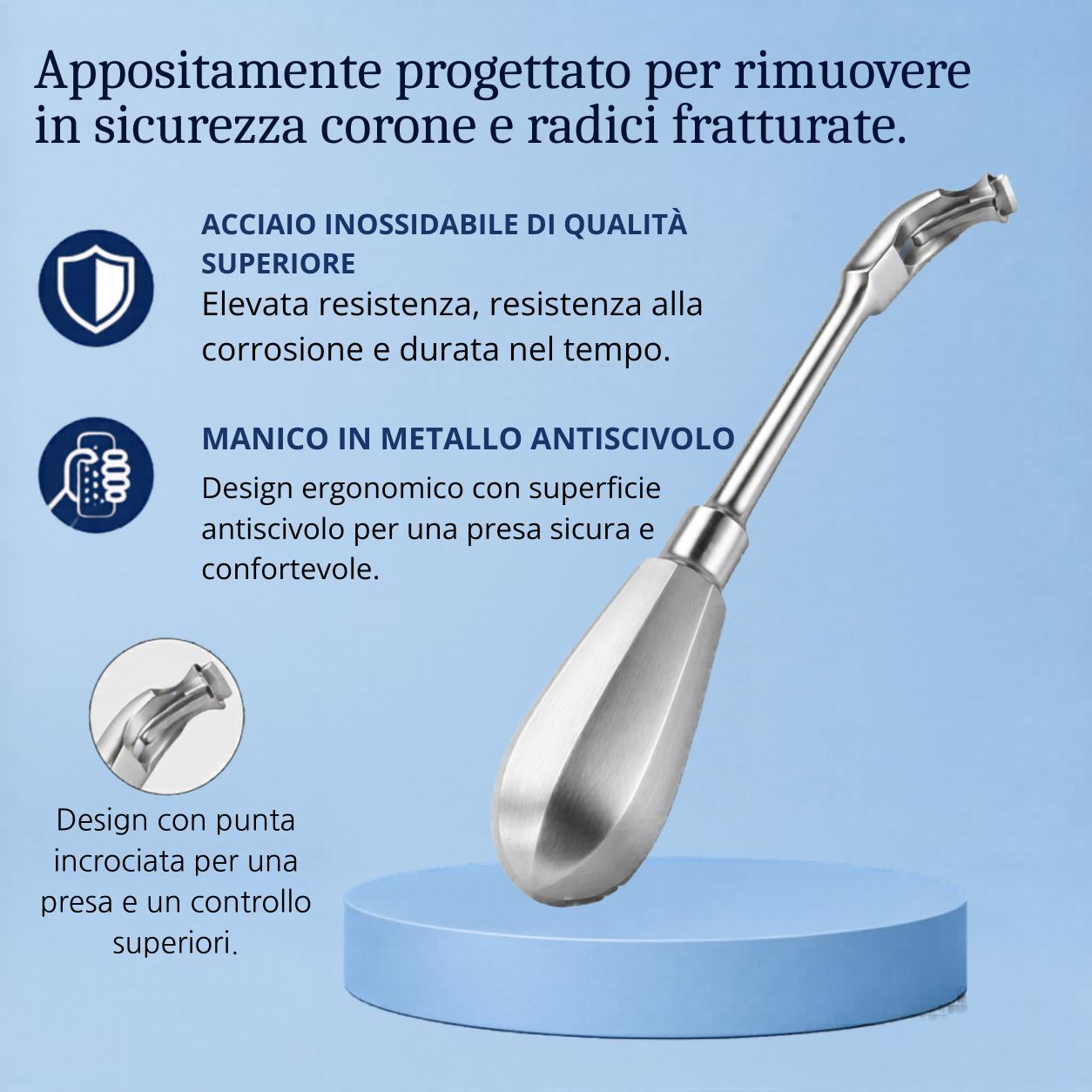 [locale:it] Estrattore dentale di corone e radici: acciaio inox, manico antiscivolo e punta incrociata