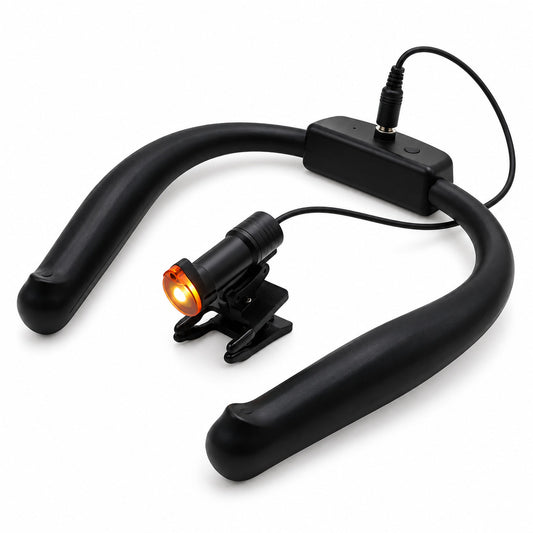Lampada frontale LED da collo con collare nero, faretto LED e clip